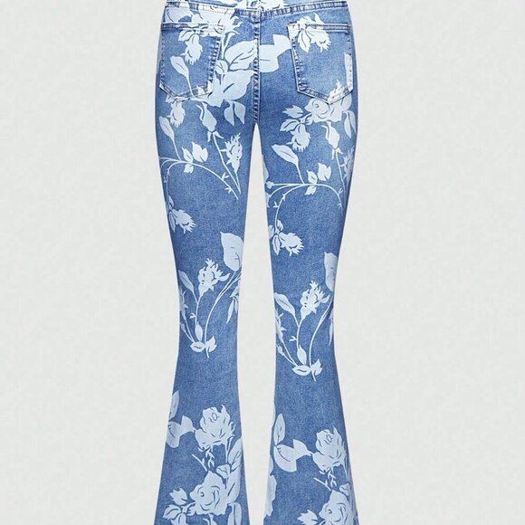 Light Wash Casual Women's Floral Printed Bootcut High Waisted Stretch Jeans - Picture 3 of 6